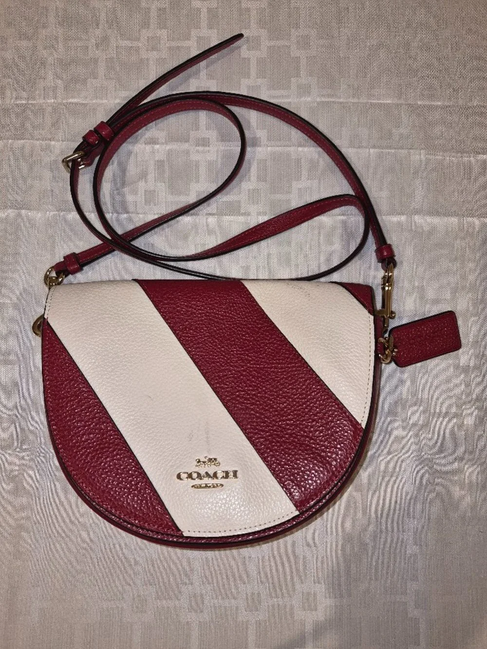 Coach Ellen Pebbled Leather Colorblock Saddle Crossbody Bag Red White